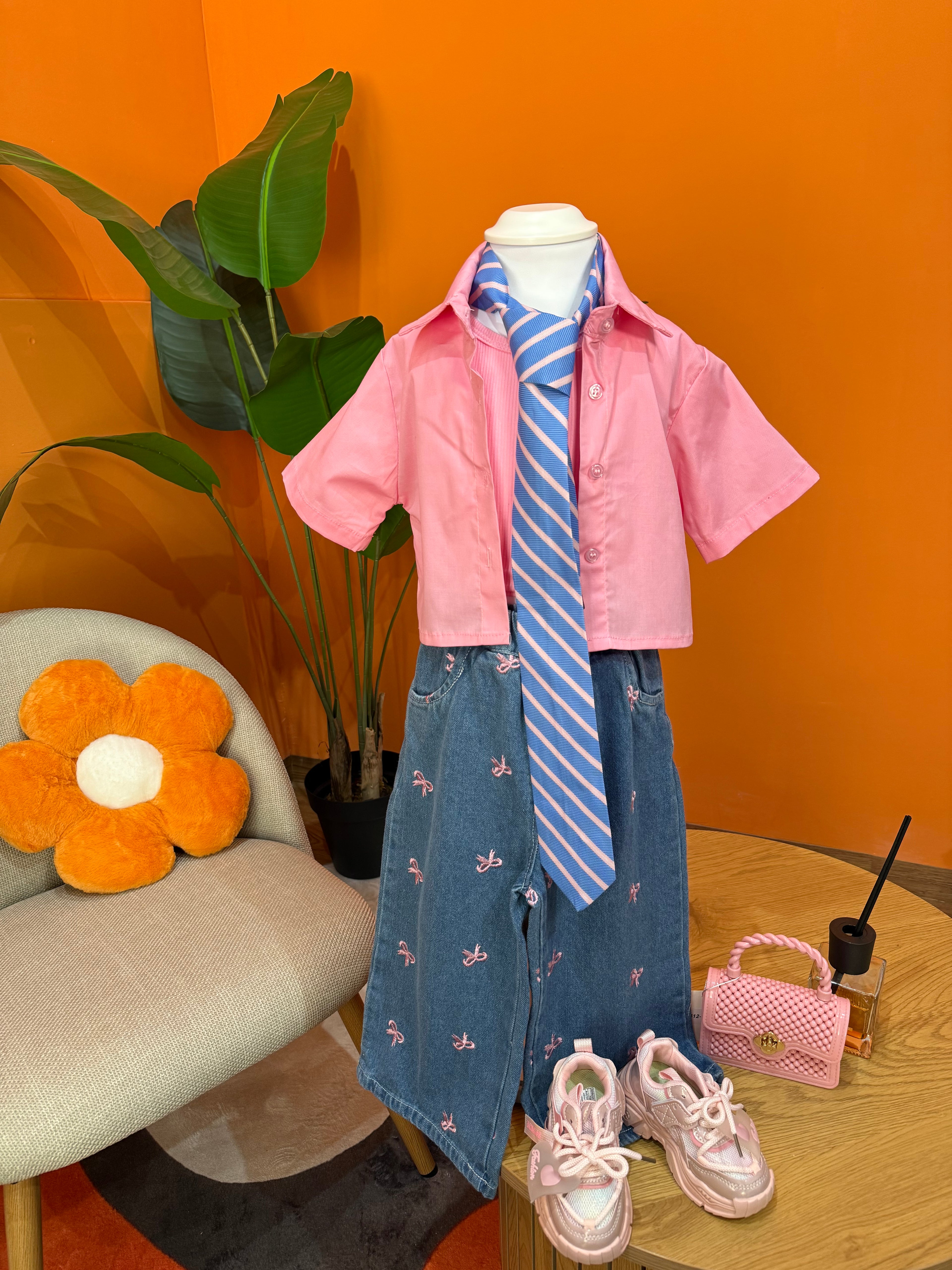 CAMICIA BABY CROP & CRAVATTA - ROSA E AZZURRO