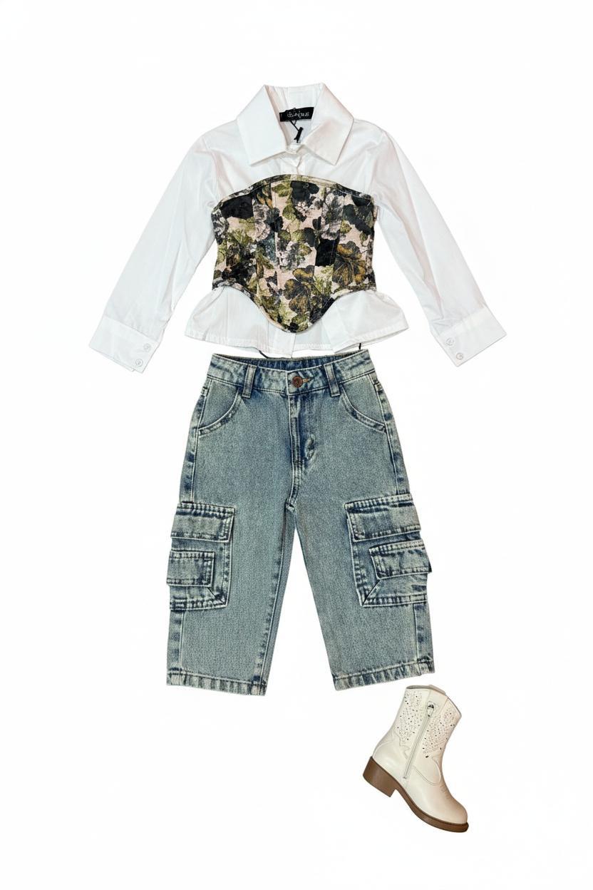 Jeans Cargo bambina wide leg con tasche laterali