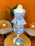 COORDINATO SKY BOW: SET AZZURRO CON TOP ARRICCIATO E SHORTS