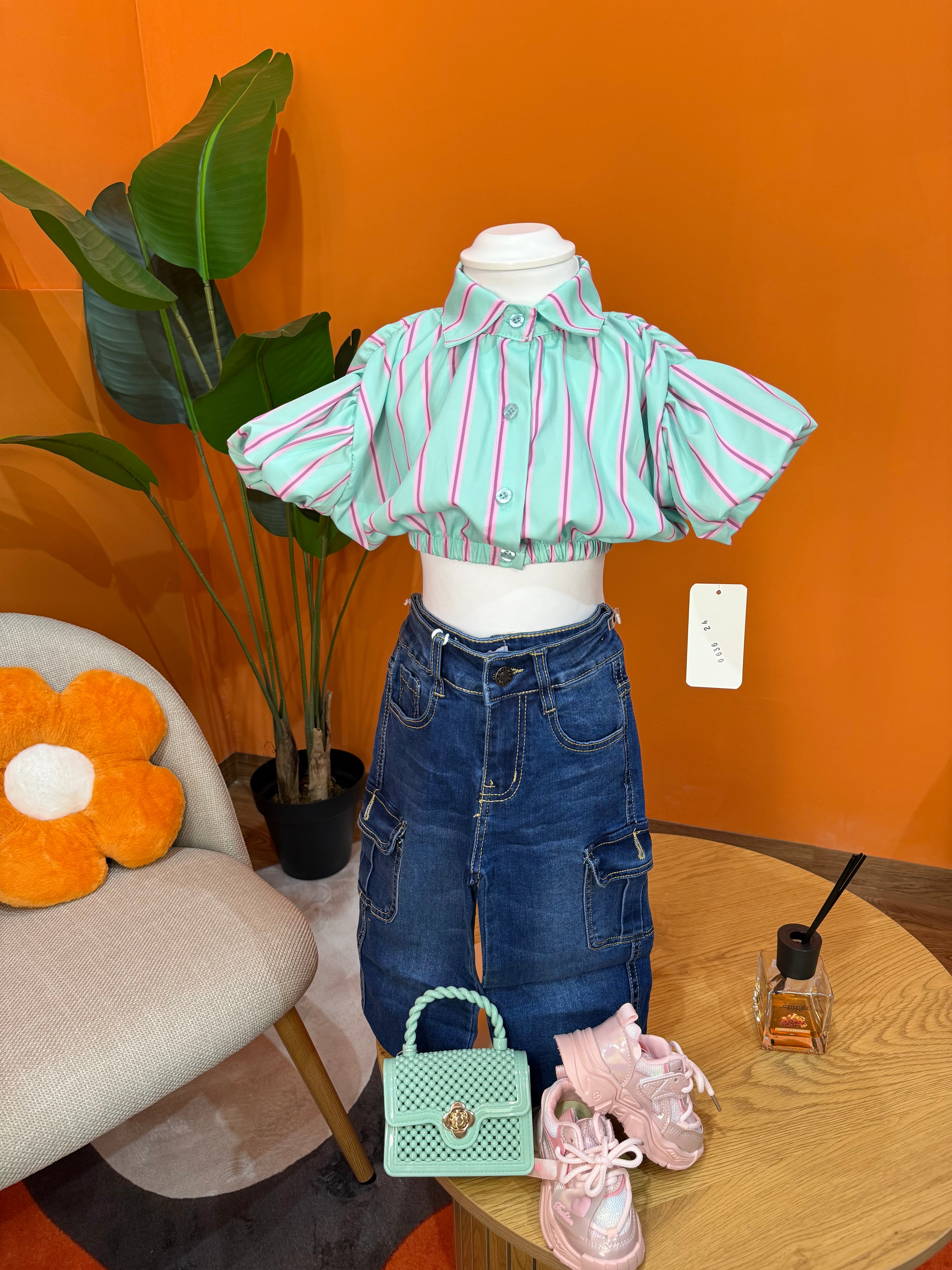 CAMICIA BABY CROP STRIPES - MENTA & FUCSIA