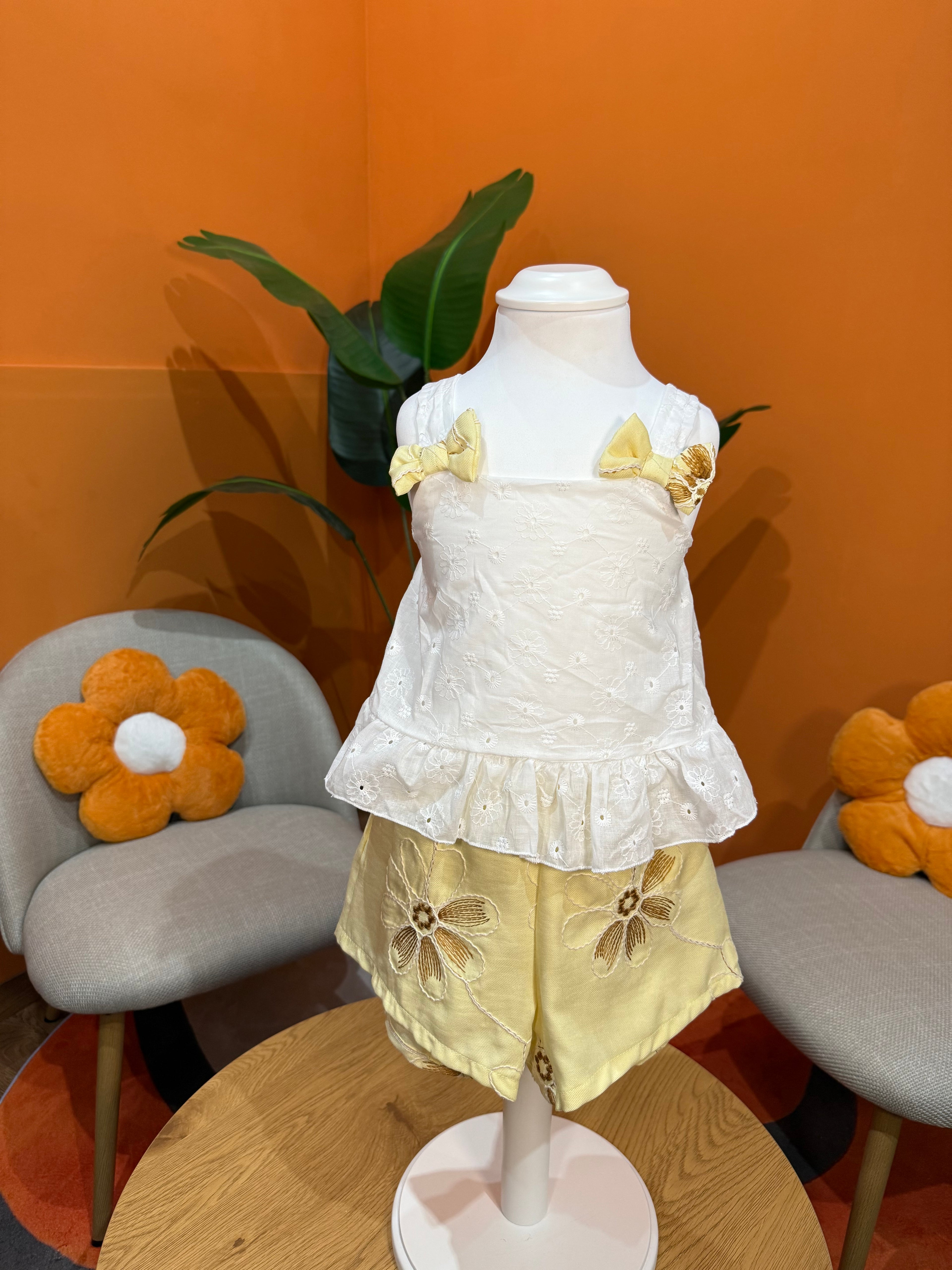COORDINATO SUNNY BLOOM: TOP IN SANGALLO E SHORTS FLOREALI🌼