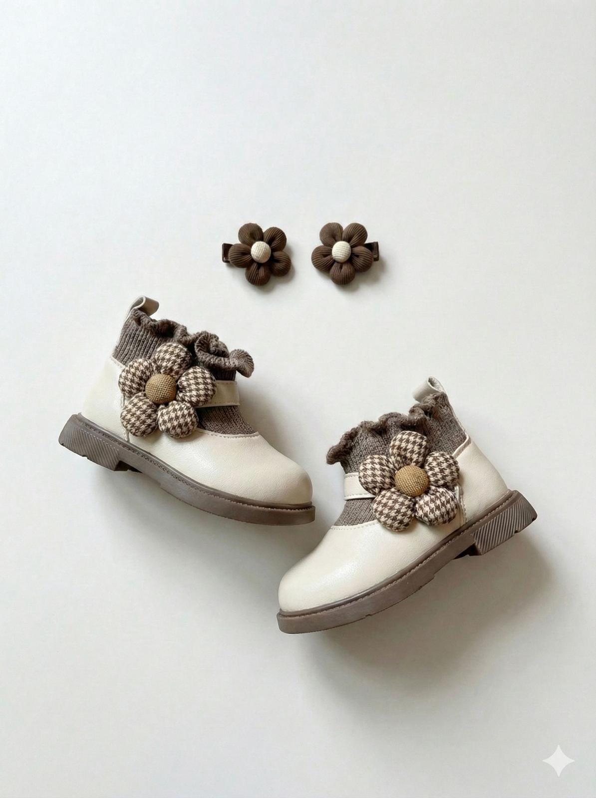 Stivaletti Cream & Chocolate con dettaglio floreale