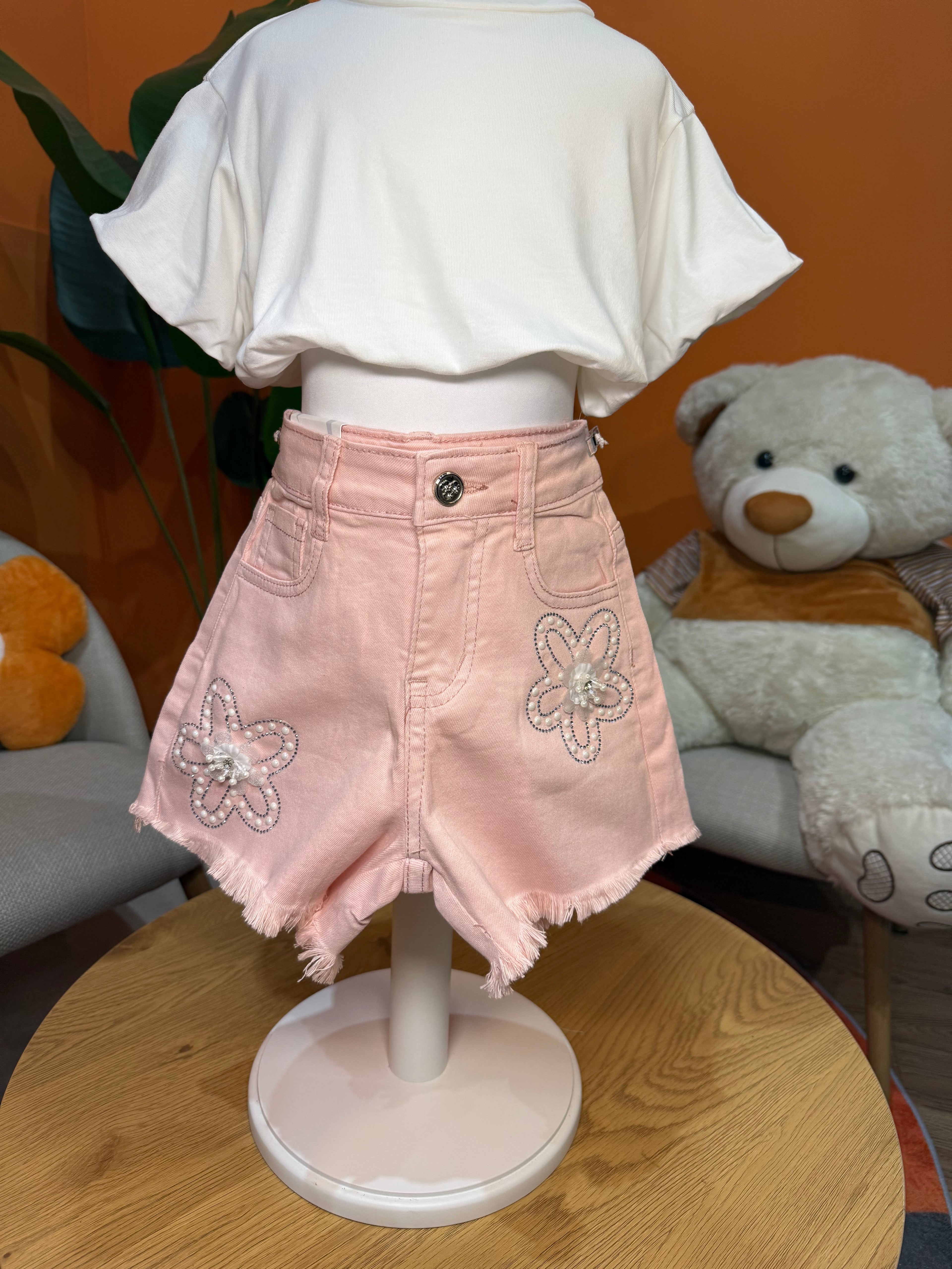 SHORTS DENIM PINK CON APPLICAZIONI FLOREALI