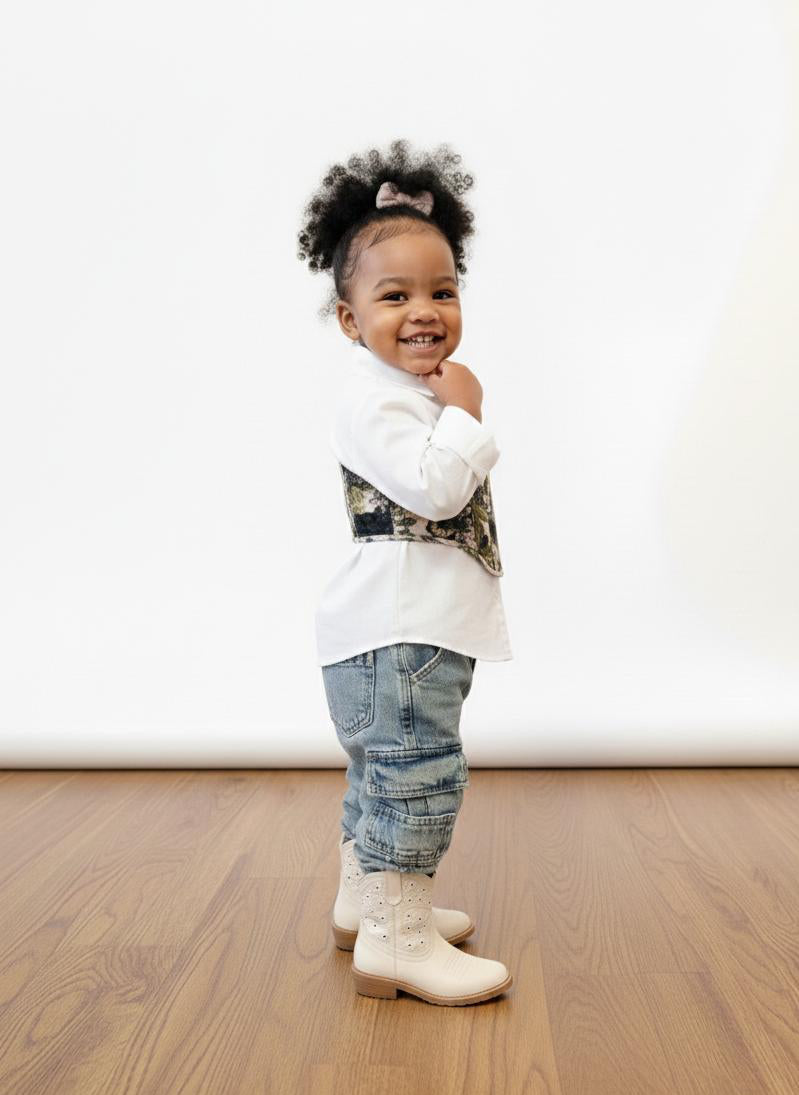 Camicia Bianca 2 in 1 con bustier floreale Jacquard e stringhe