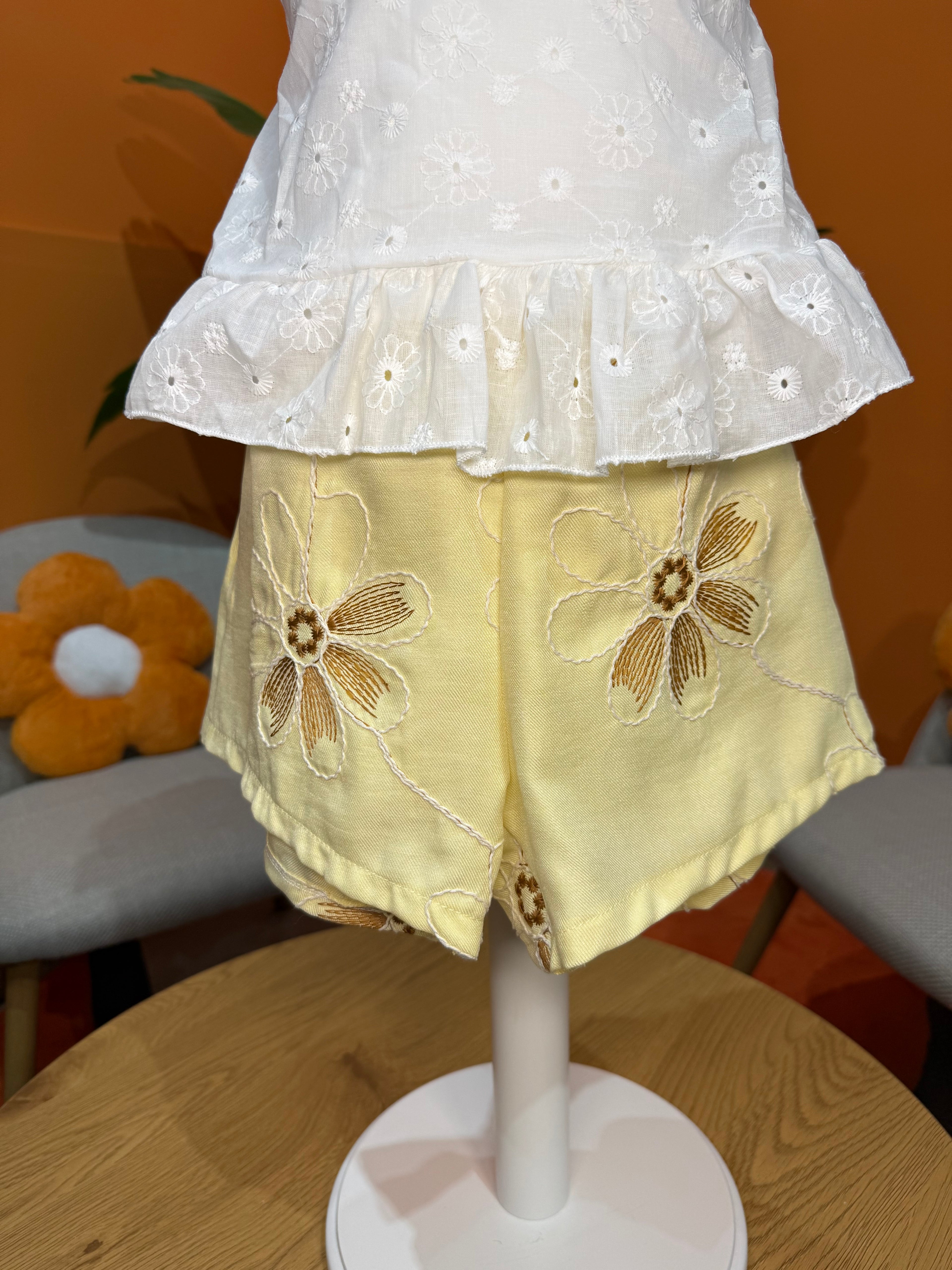 COORDINATO SUNNY BLOOM: TOP IN SANGALLO E SHORTS FLOREALI🌼