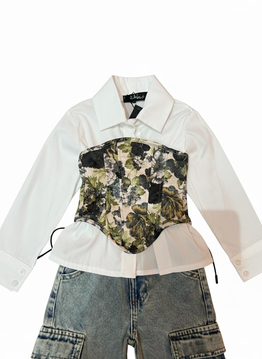 Camicia Bianca 2 in 1 con bustier floreale Jacquard e stringhe