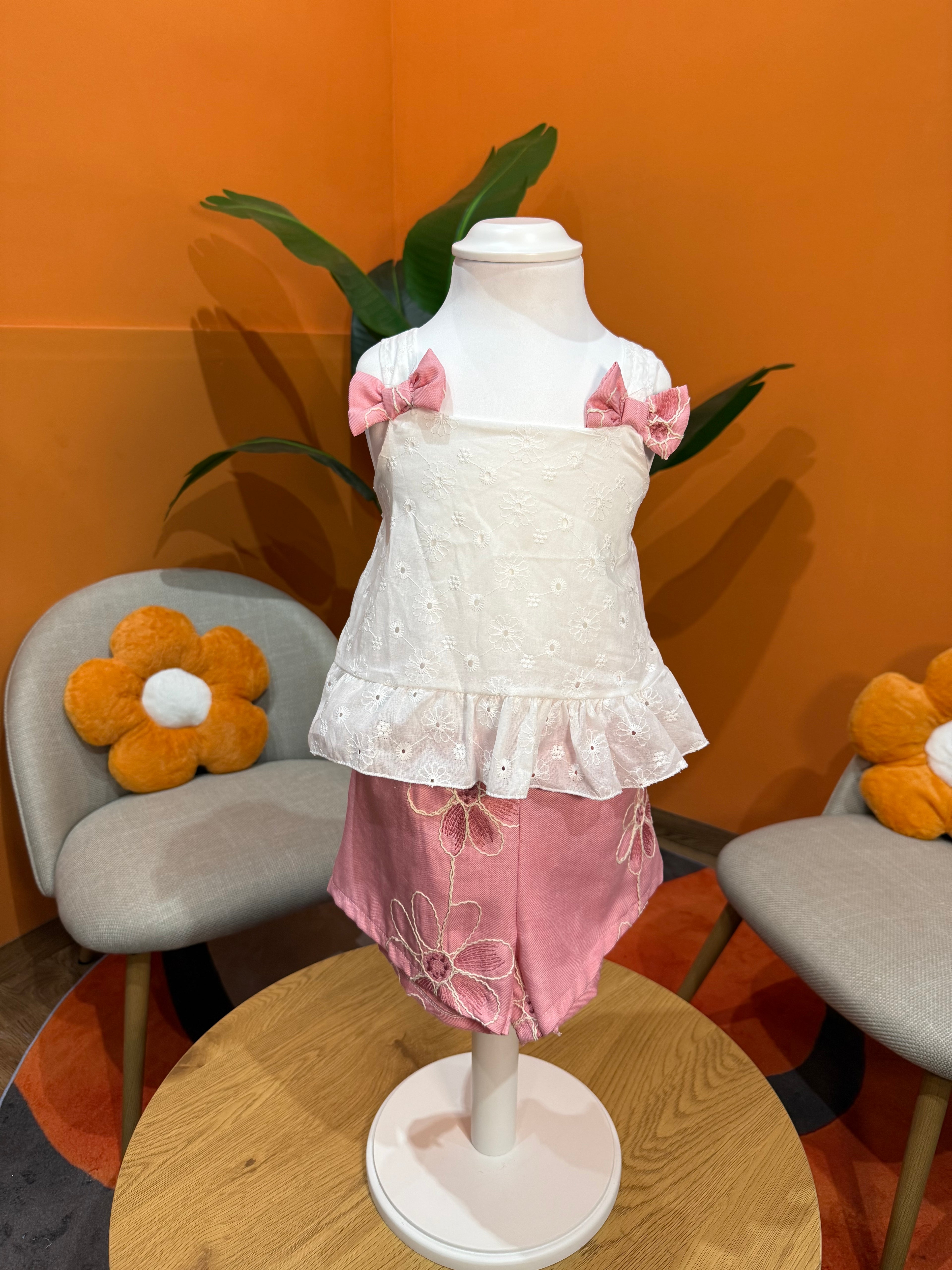 COORDINATO ROSE BLOOM: TOP IN SANGALLO E SHORTS RICAMATI🌸