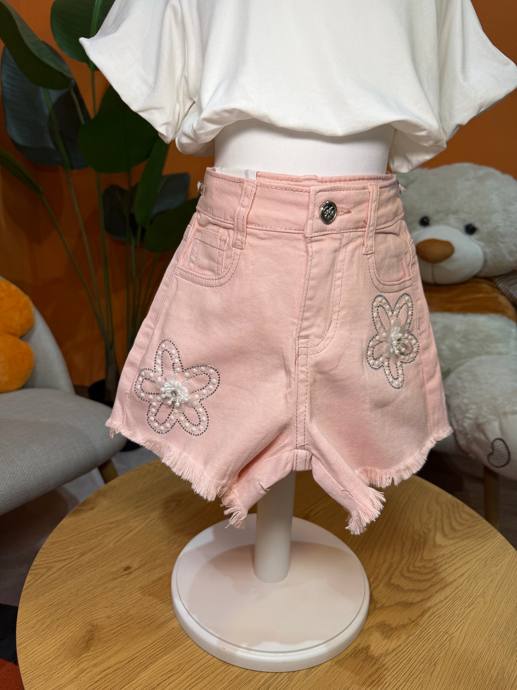 SHORTS DENIM PINK CON APPLICAZIONI FLOREALI