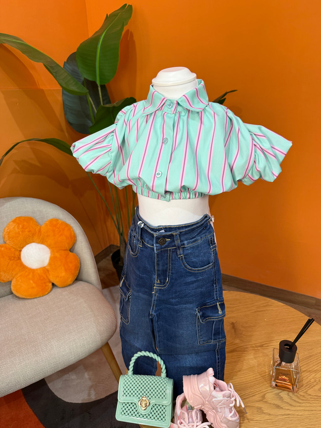 CAMICIA BABY CROP STRIPES - MENTA & FUCSIA
