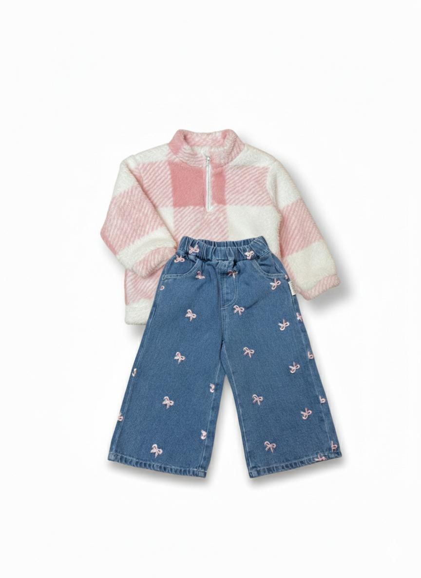 Jeans wide leg con ricamo fiocchi