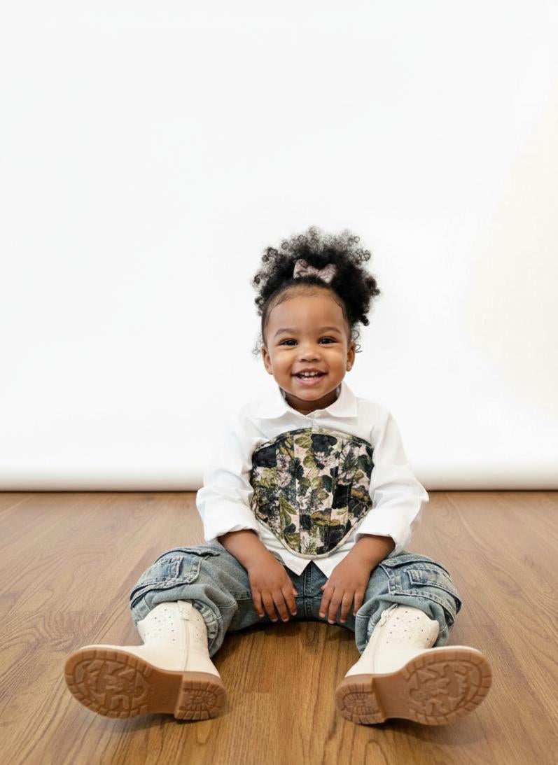 Camicia Bianca 2 in 1 con bustier floreale Jacquard e stringhe