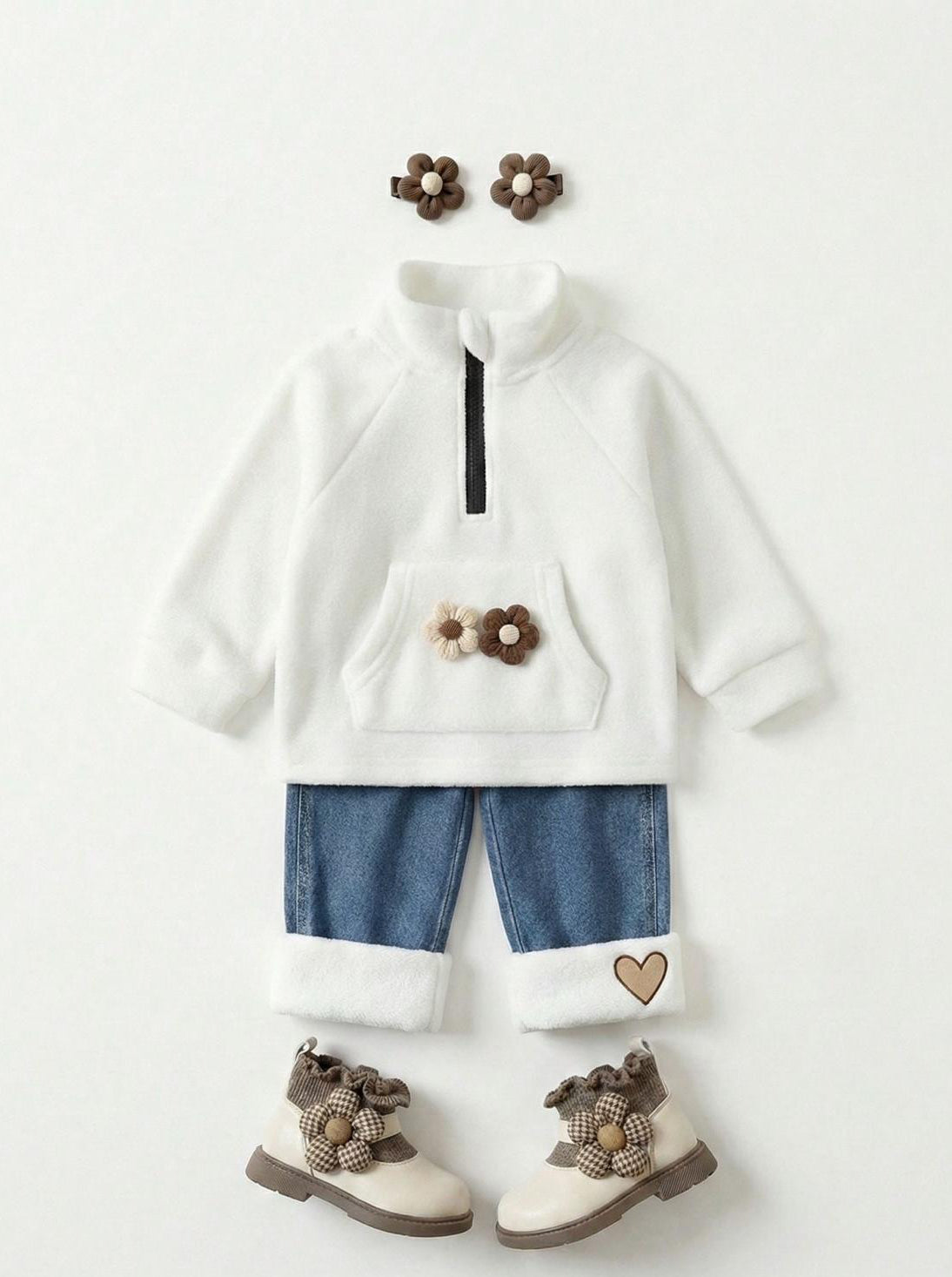 Completo petal & fleece - felpa in pile e jeans con risvolto