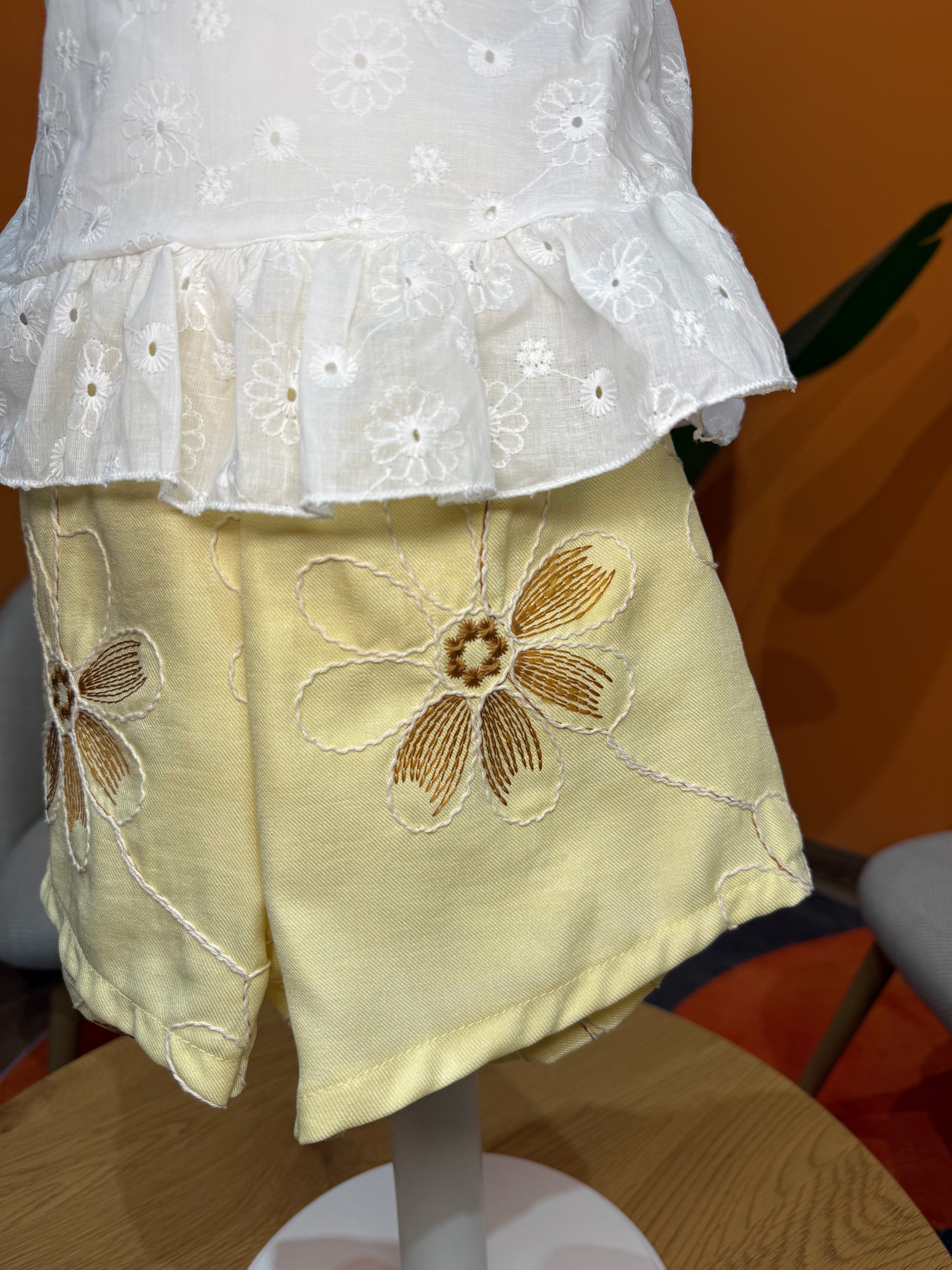 COORDINATO SUNNY BLOOM: TOP IN SANGALLO E SHORTS FLOREALI🌼