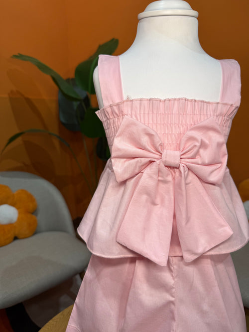 COORDINATO CANDY BOW: SET ROSA CON TOP ARRICCIATO E SHORTS