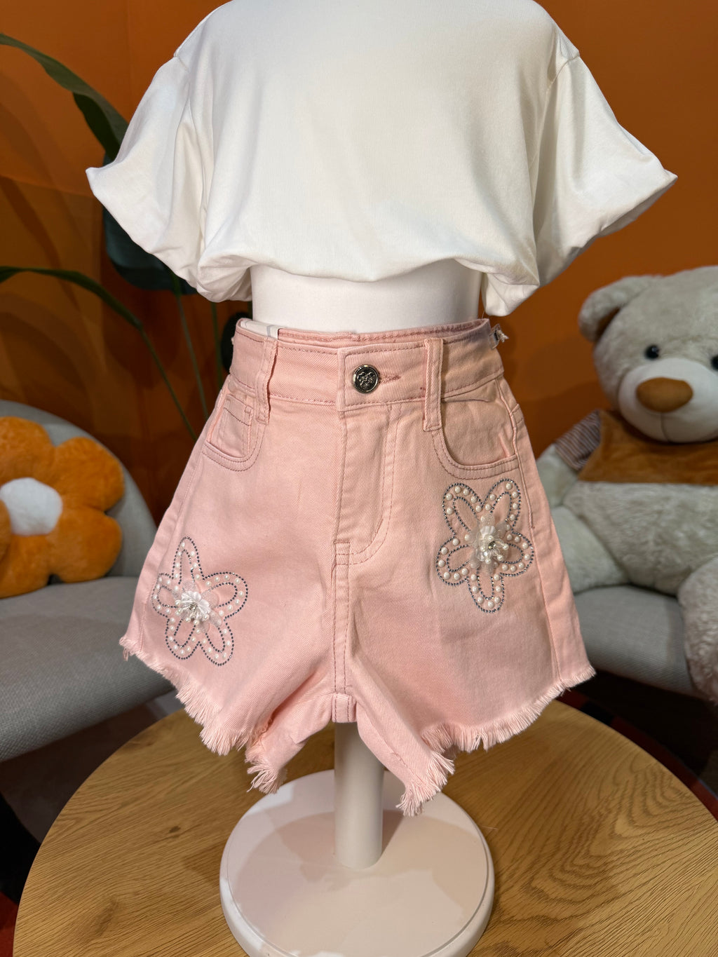 SHORTS DENIM PINK CON APPLICAZIONI FLOREALI