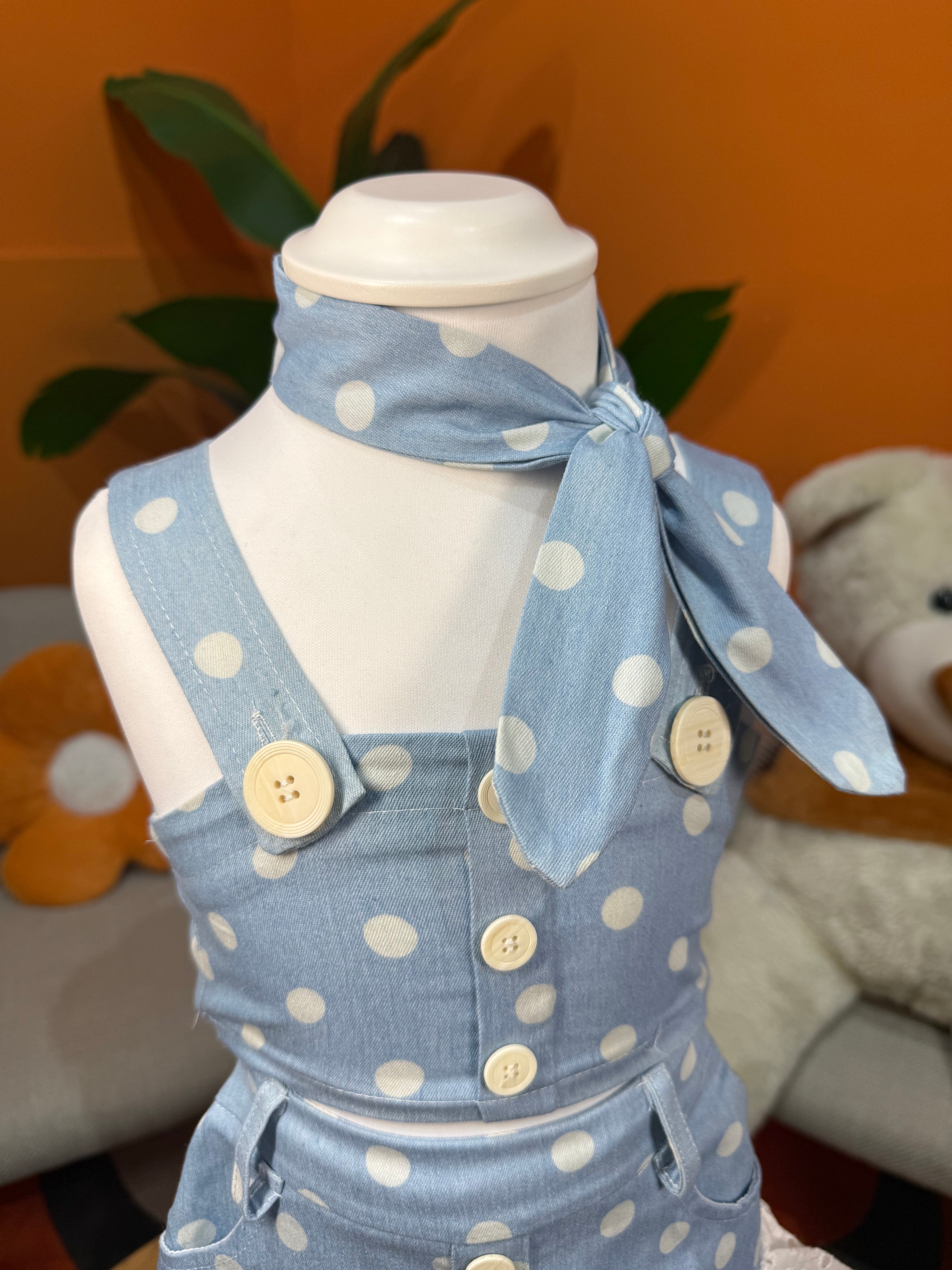 COORDINATO TOP E GONNA AZZURRO A POIS CON DETTAGLI IN PIZZO SAN GALLO
