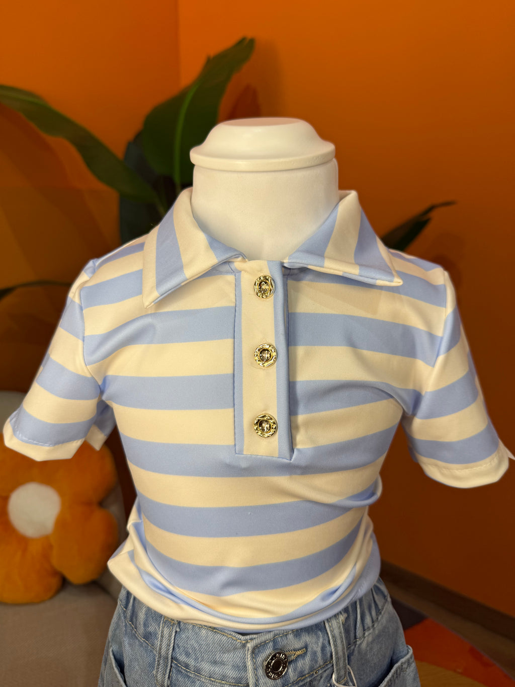 POLO A RIGHE CON BOTTONI GIOIELLO – BIANCO & CIELO🤍🩵