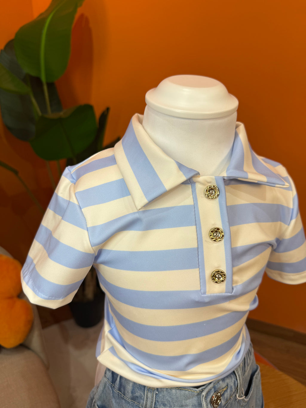 POLO A RIGHE CON BOTTONI GIOIELLO – BIANCO & CIELO🤍🩵