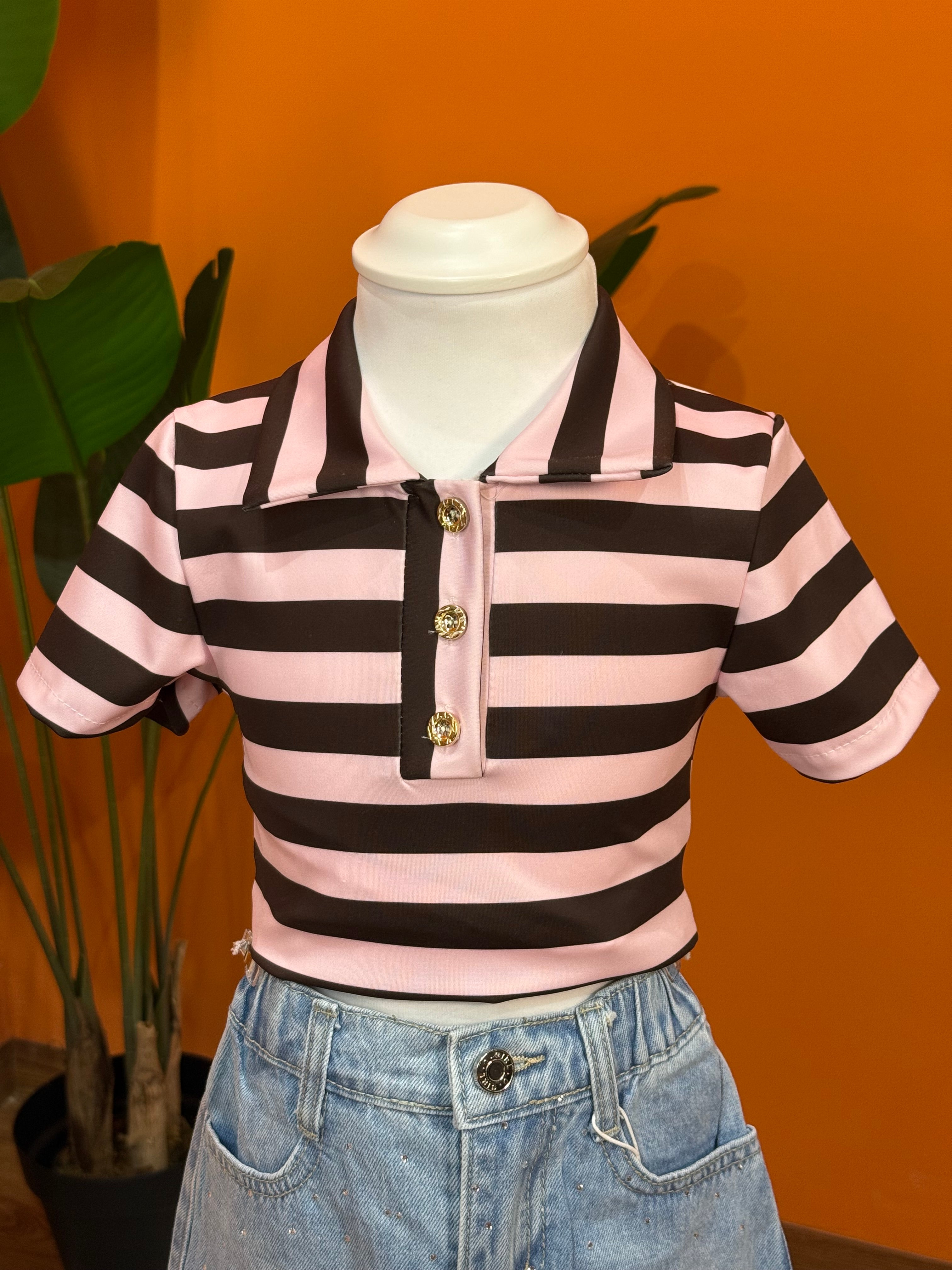 POLO A RIGHE CON BOTTONI GIOIELLO - MARRONE & ROSA🤎💖