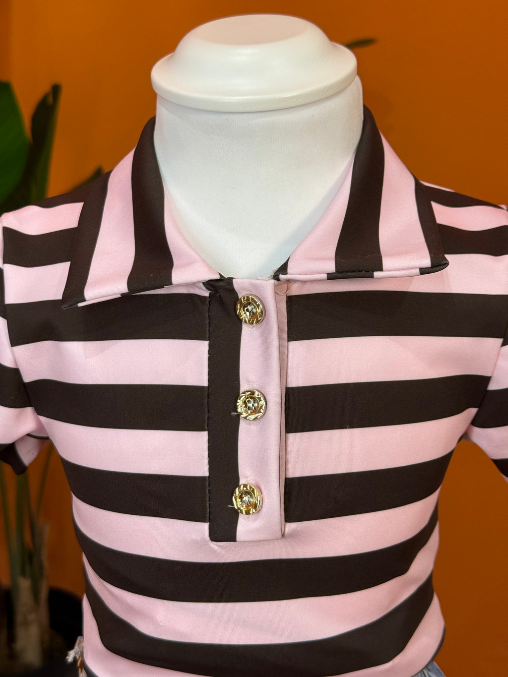 POLO A RIGHE CON BOTTONI GIOIELLO - MARRONE & ROSA🤎💖