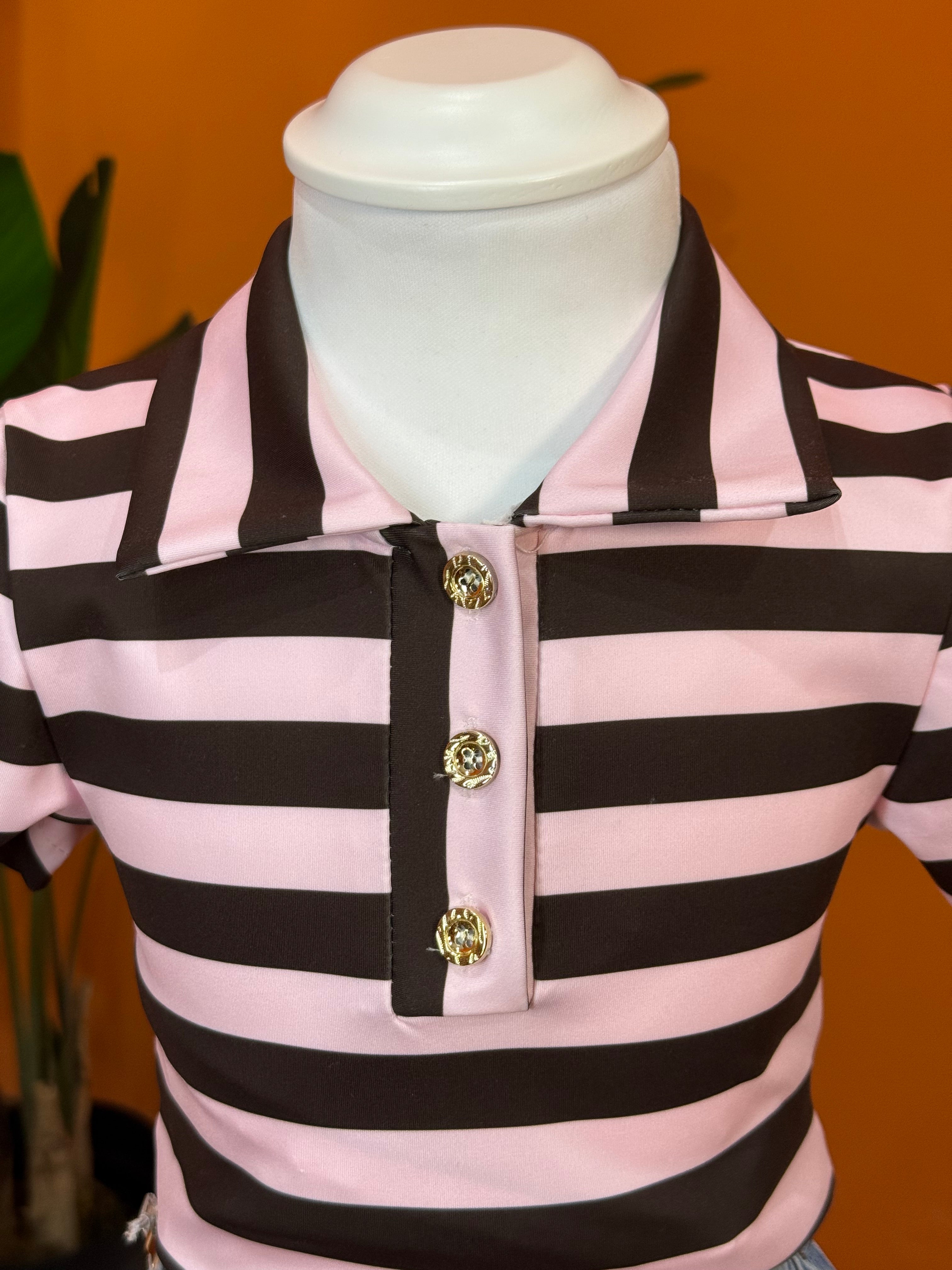 POLO A RIGHE CON BOTTONI GIOIELLO - MARRONE & ROSA🤎💖