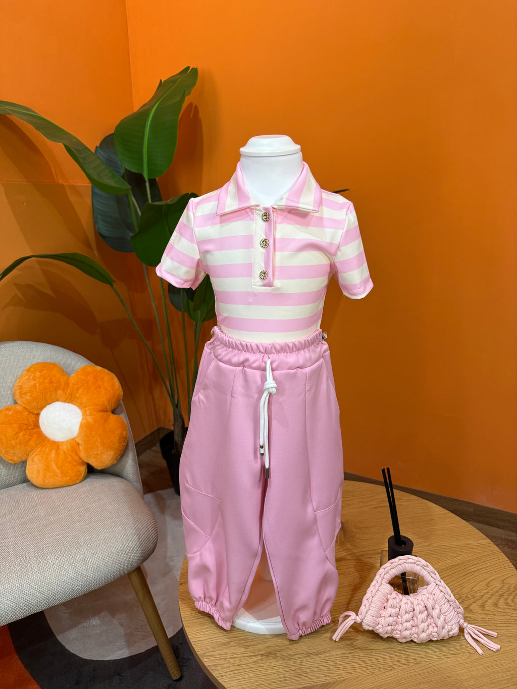 POLO A RIGHE CON BOTTONI GIOIELLO - ROSA & BIANCO💖🤍