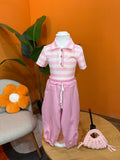 POLO A RIGHE CON BOTTONI GIOIELLO - ROSA & BIANCO💖🤍