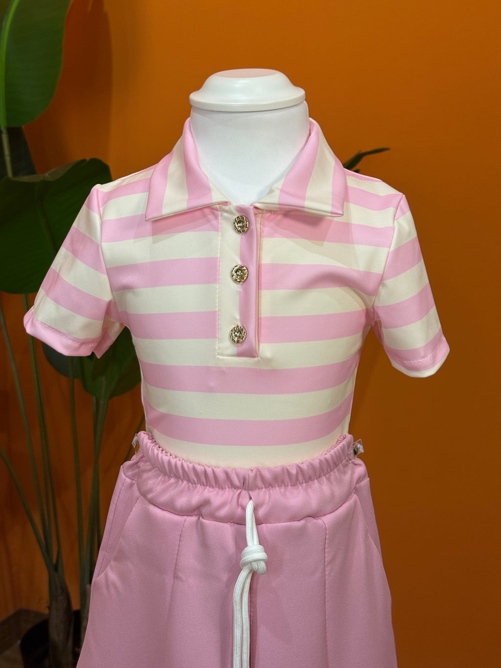 POLO A RIGHE CON BOTTONI GIOIELLO - ROSA & BIANCO💖🤍