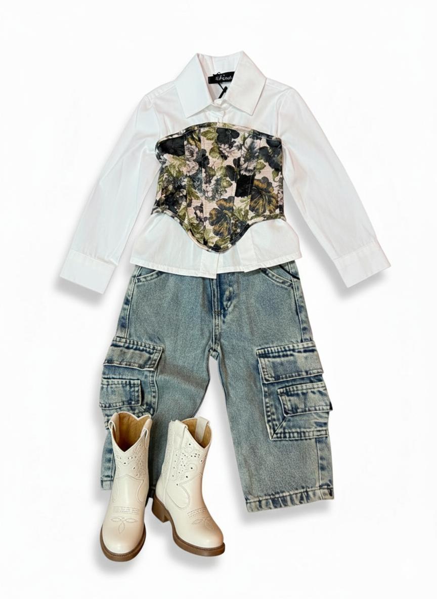 Camicia Bianca 2 in 1 con bustier floreale Jacquard e stringhe