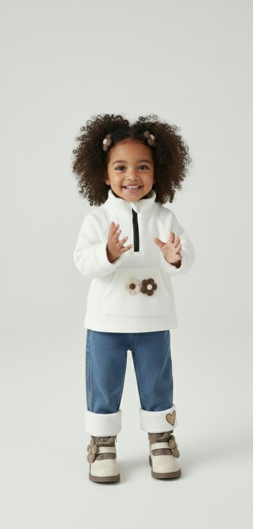 Completo petal & fleece - felpa in pile e jeans con risvolto